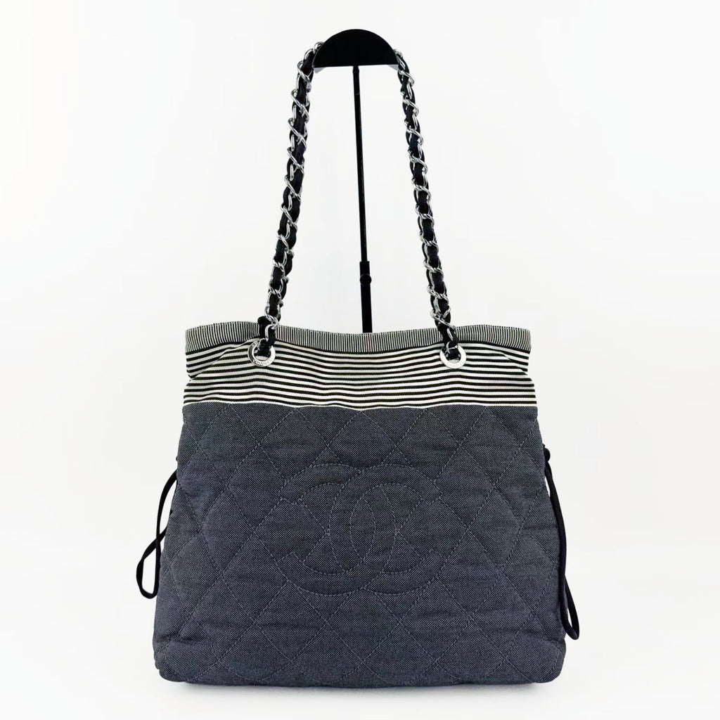 CHANEL シャネル ココマーク トートバッグ チェーン ショルダーバッグ ブラック アイボリー デニム 13番台 ヴィンテージ レディース 【中古】
