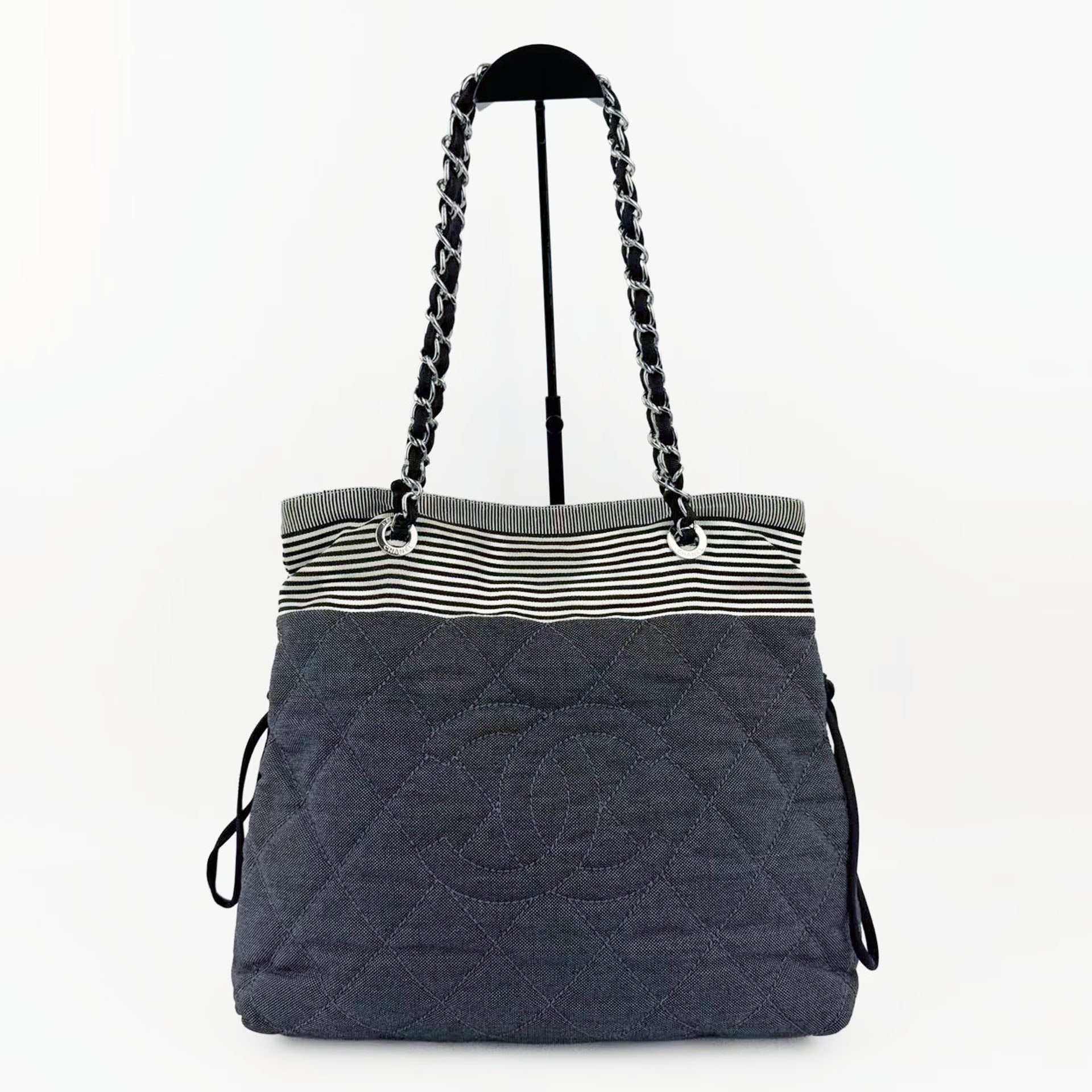 CHANEL シャネル ココマーク トートバッグ チェーン ショルダーバッグ ブラック アイボリー デニム 13番台 ヴィンテージ レディース 【中古】