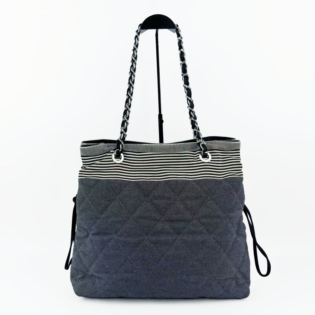 CHANEL シャネル ココマーク トートバッグ チェーン ショルダーバッグ ブラック アイボリー デニム 13番台 ヴィンテージ レディース 【中古】
