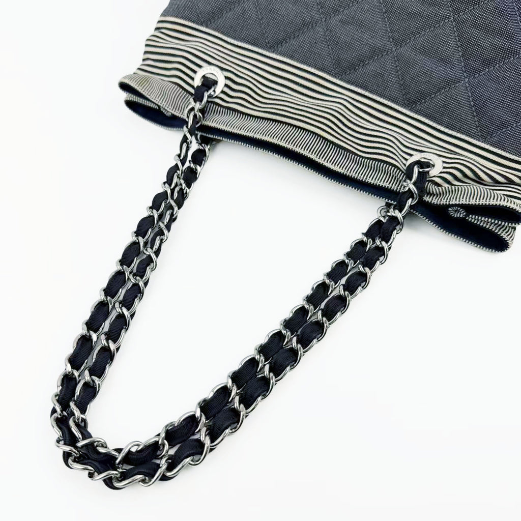 CHANEL シャネル ココマーク トートバッグ チェーン ショルダーバッグ ブラック アイボリー デニム 13番台 ヴィンテージ レディース 【中古】
