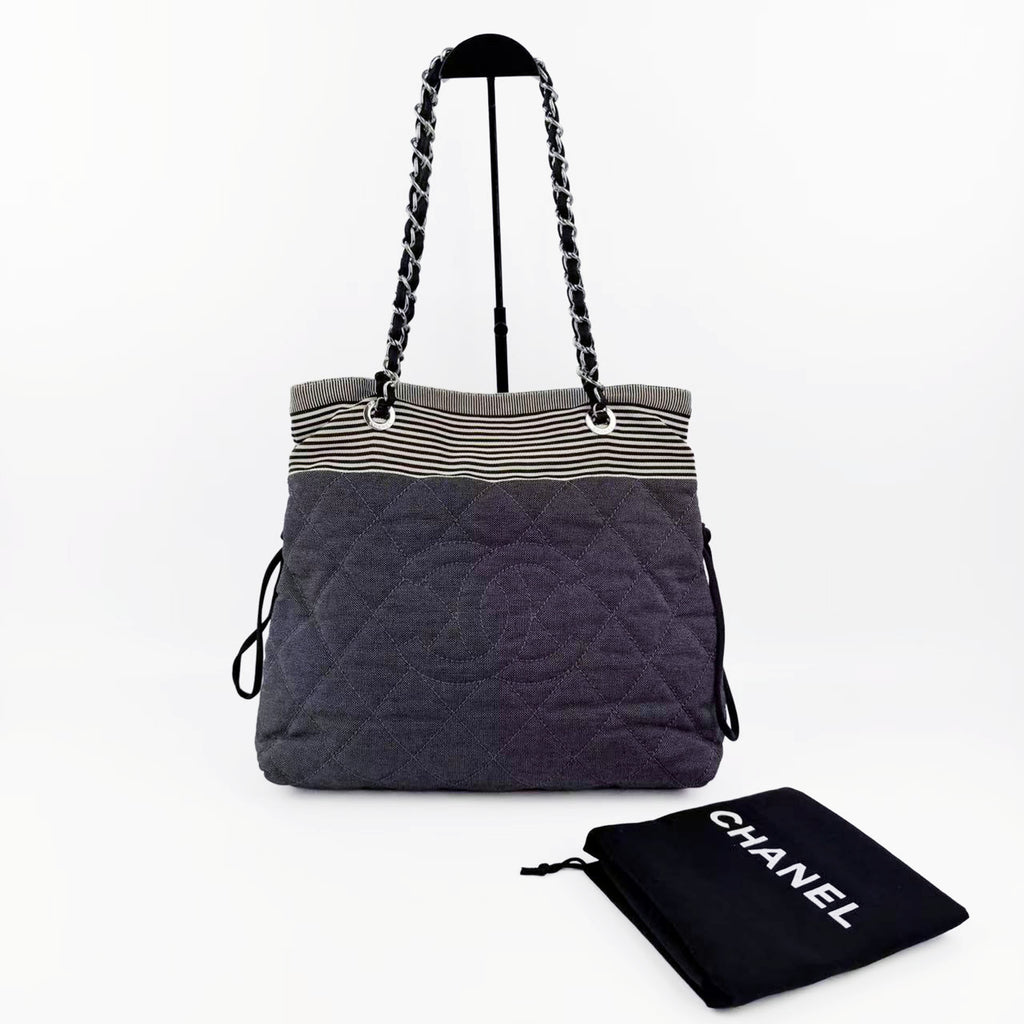CHANEL シャネル ココマーク トートバッグ チェーン ショルダーバッグ ブラック アイボリー デニム 13番台 ヴィンテージ レディース 【中古】