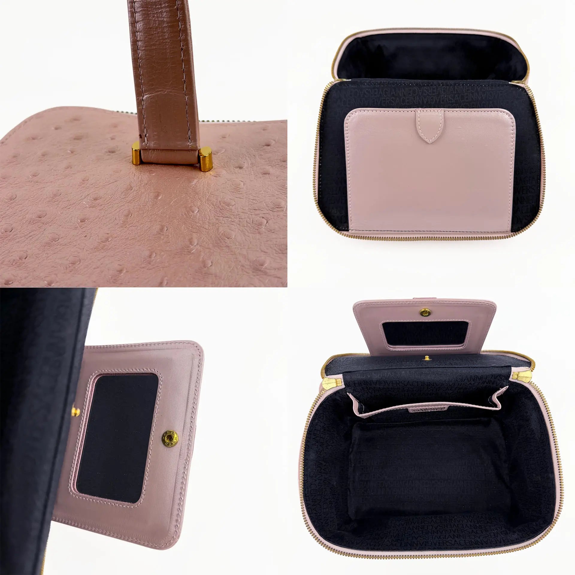GIANNI VERSACE ヴェルサーチ サンバースト バニティバッグ ハンドバッグ オーストリッチ ピンク ヴィンテージ レディース 【中古】