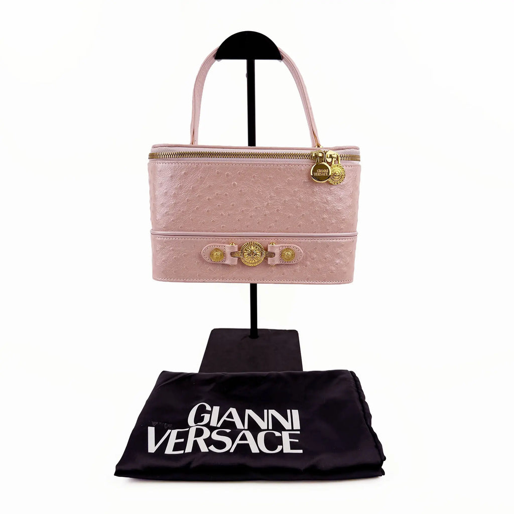 GIANNI VERSACE ヴェルサーチ サンバースト バニティバッグ ハンドバッグ オーストリッチ ピンク ヴィンテージ レディース 【中古】