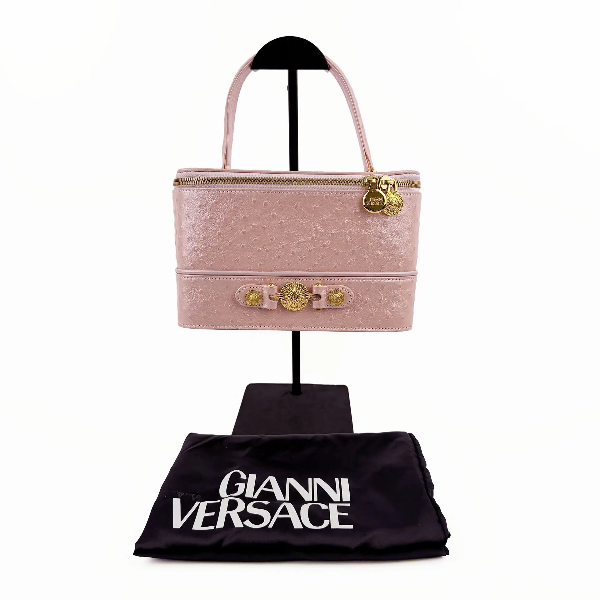 GIANNI VERSACE ヴェルサーチ サンバースト バニティバッグ ハンドバッグ オーストリッチ ピンク ヴィンテージ レディース 【中古】